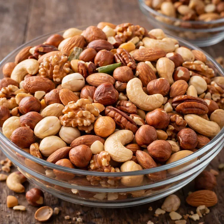 Hazelnut kernels in mixed nut assortments illustration